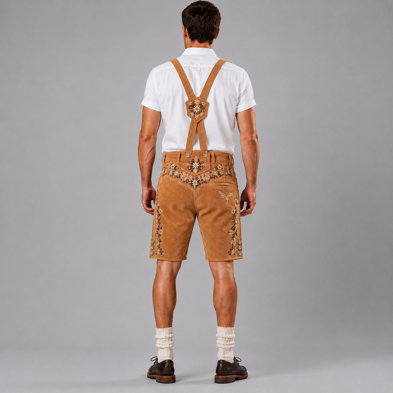 Mens Tan Suede Lederhosen Authentic Bavarian Oktoberfest German Shorts Suspender