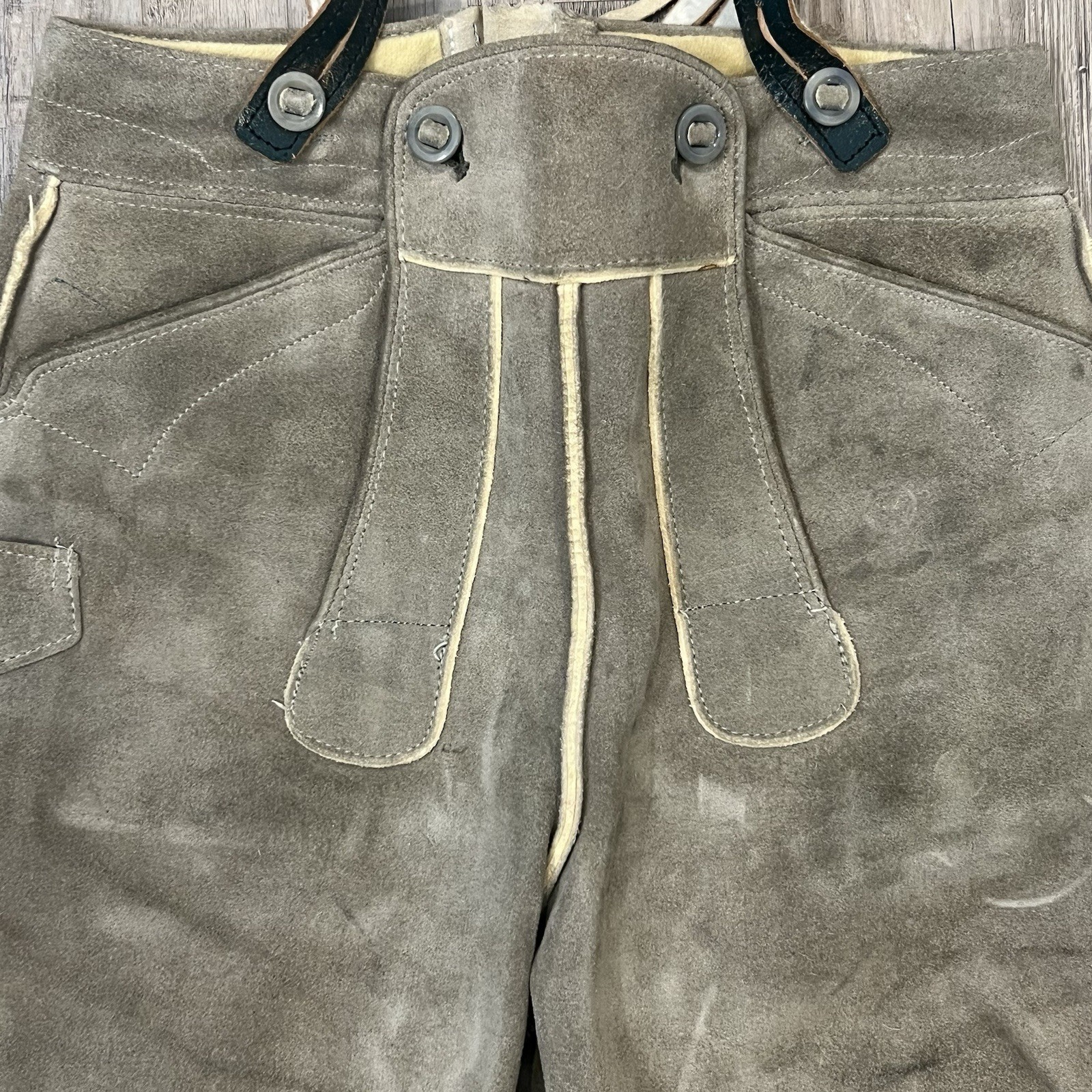 Vintage Marke Bergfreund Lederhosen Grey Suede Leather Shorts Suspenders Size 27