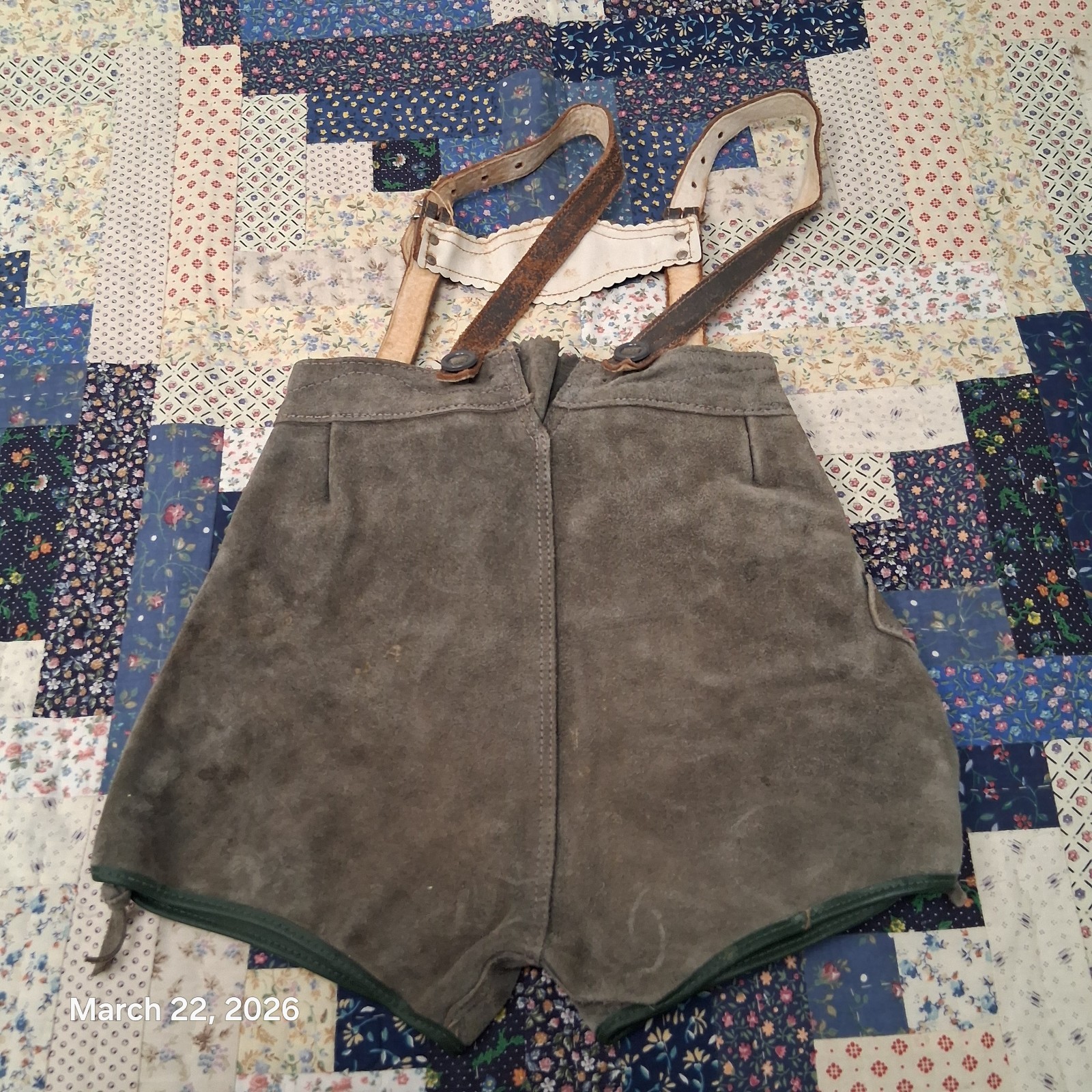 Vintage Childrens German Lederhosen Gray Suede Leather Grouse Breastplate