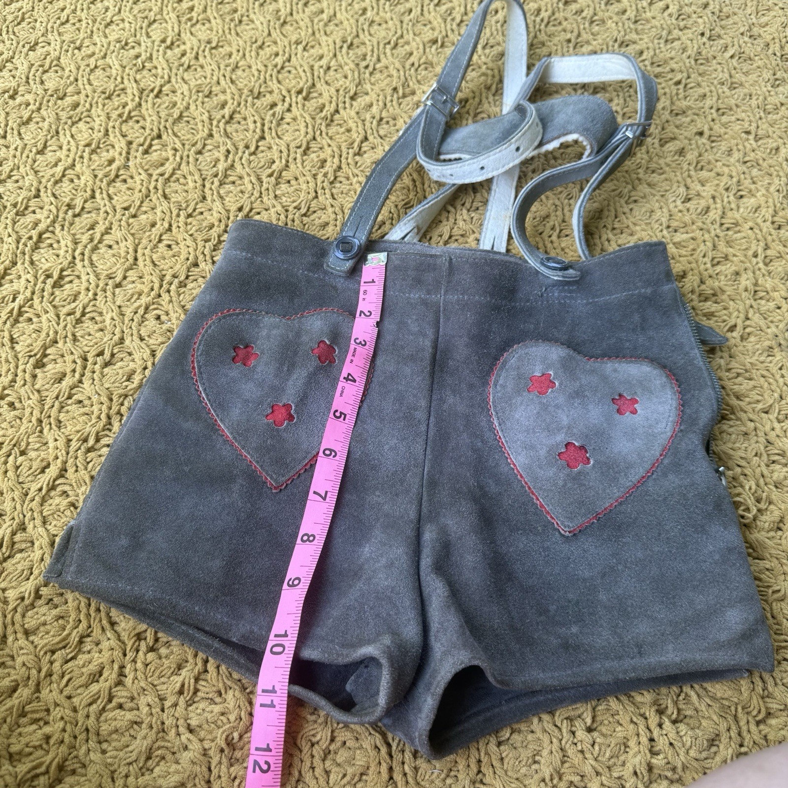 Vintage Suede Shorts Bavarian German Lederhosen Kids Heart Pockets Hot Buns