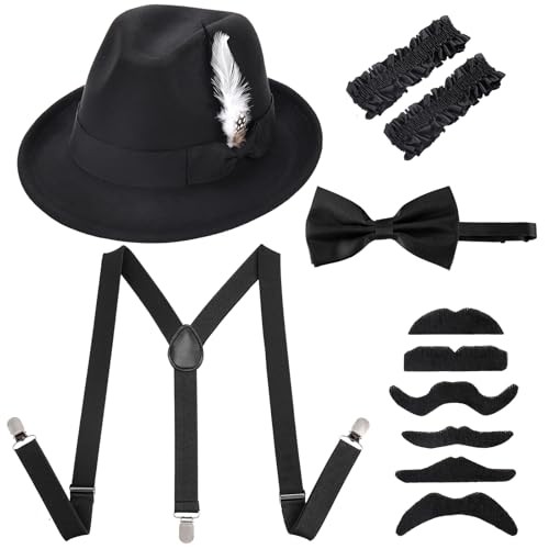 1920s Mens Costume Retro Gatsby Gangster Accessories Set Fedora Hat Black