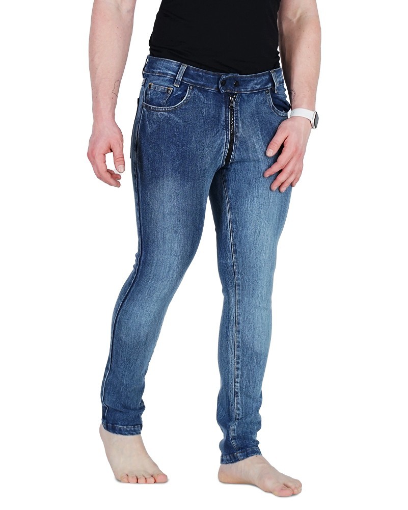 Bockle® GAY-ZIP® 5 Skinny Stretch Jeans Blue Denim Pants Jock Strap Sewn In