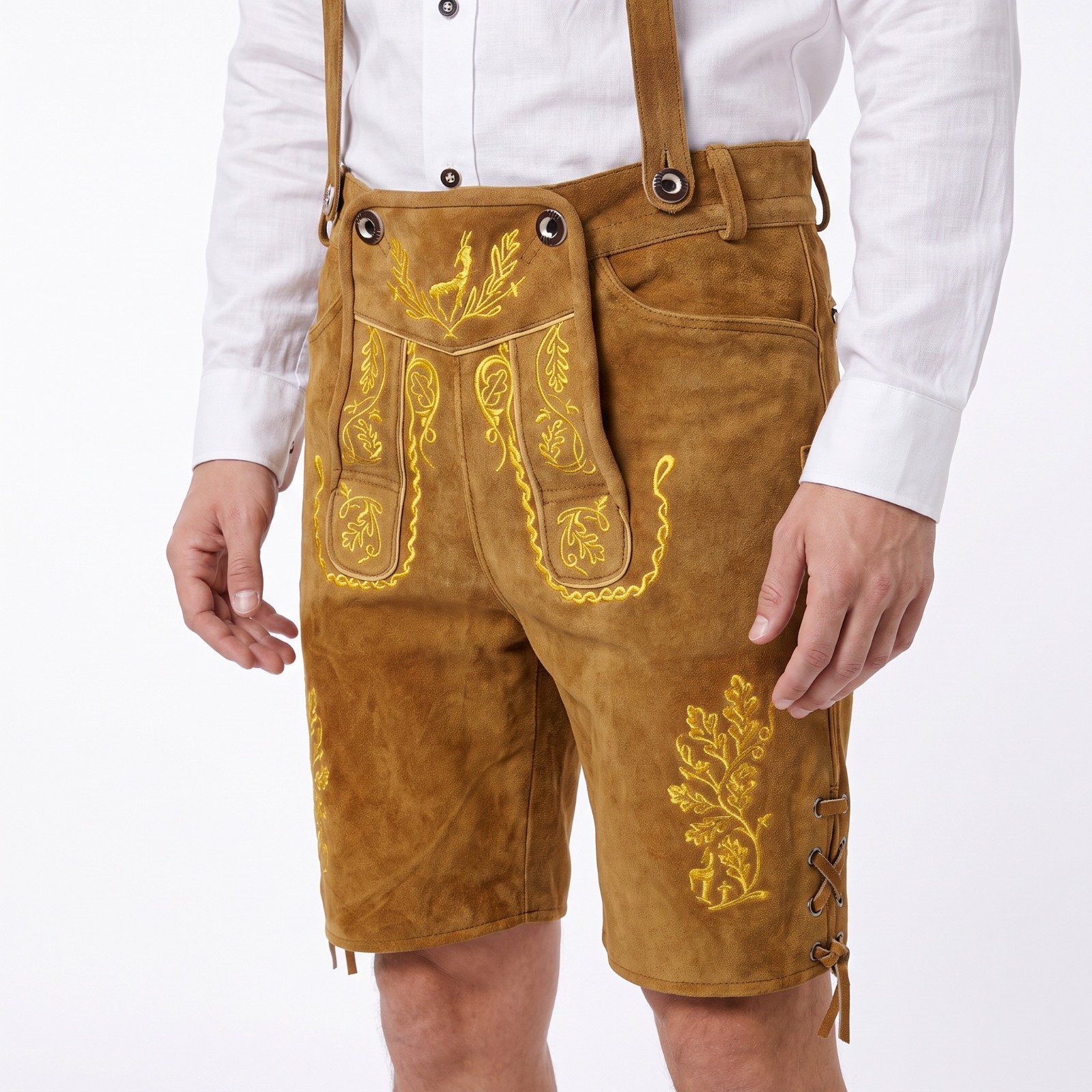 Men’s Suede Lederhosen Nowitzki Golden Brown Oktoberfest Costume German Outfit