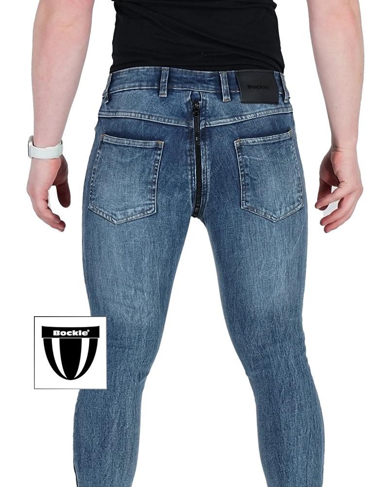Bockle® GAY-ZIP® 5 Skinny Stretch Jeans Blue Denim Pants Jock Strap Sewn In