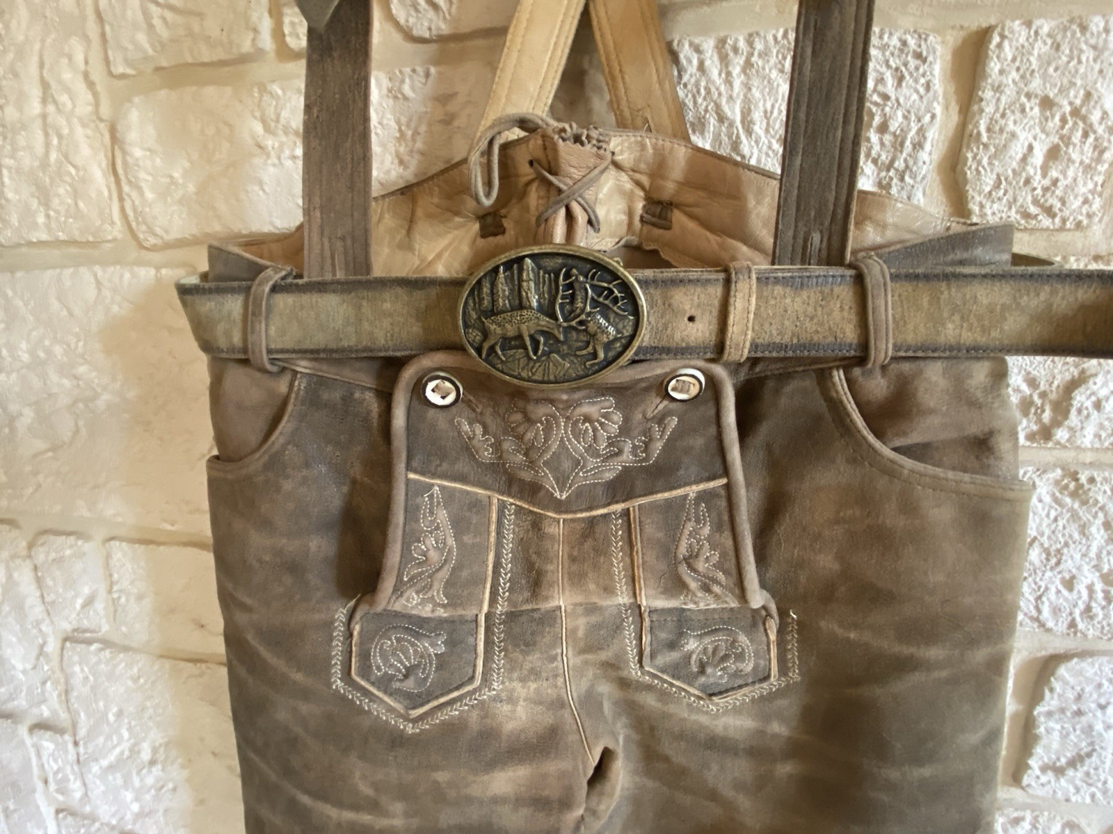 Traditional Lederhosen Short Men’s Size 52 Brown Genuine Leather Set + Belt Suspenders