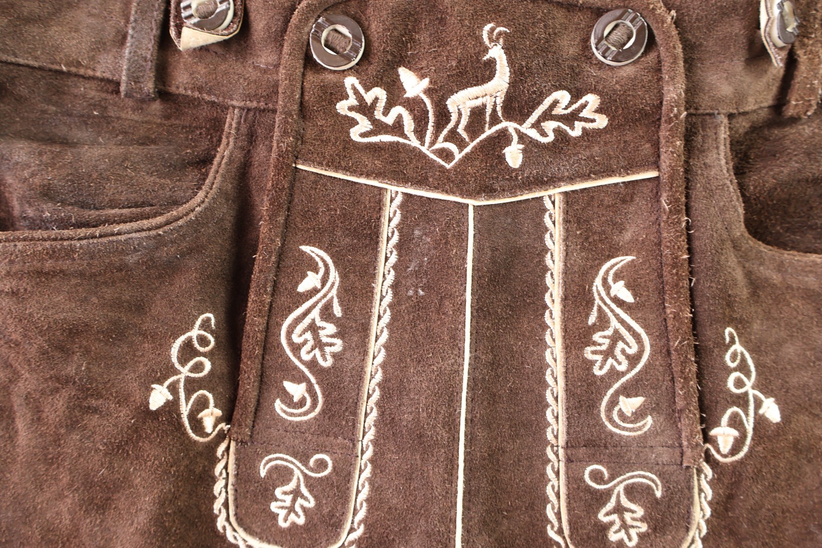 Men’s 50 US 38 Brown Suede Leather Lederhosen Bavarian Embroidered Shorts Pants