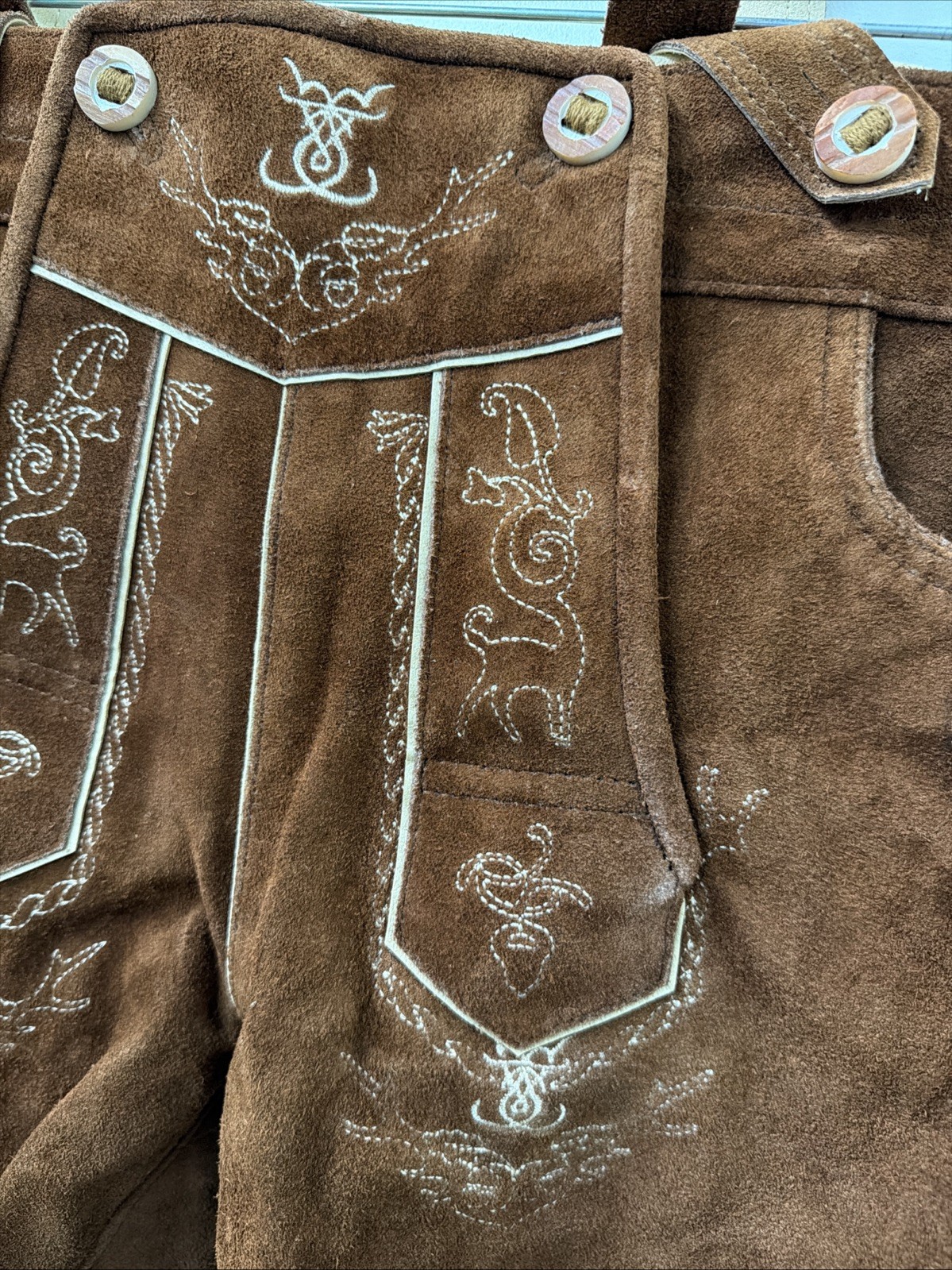 NEW Schonberger Trachten Mens Sz 44” Lederhosen Brown Suede Lamb Leather German