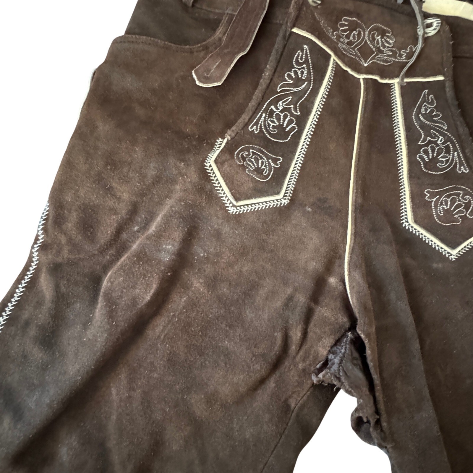 Brown Suede Lederhosen Bavarian German Oktoberfest Suspenders Embroidery 42″