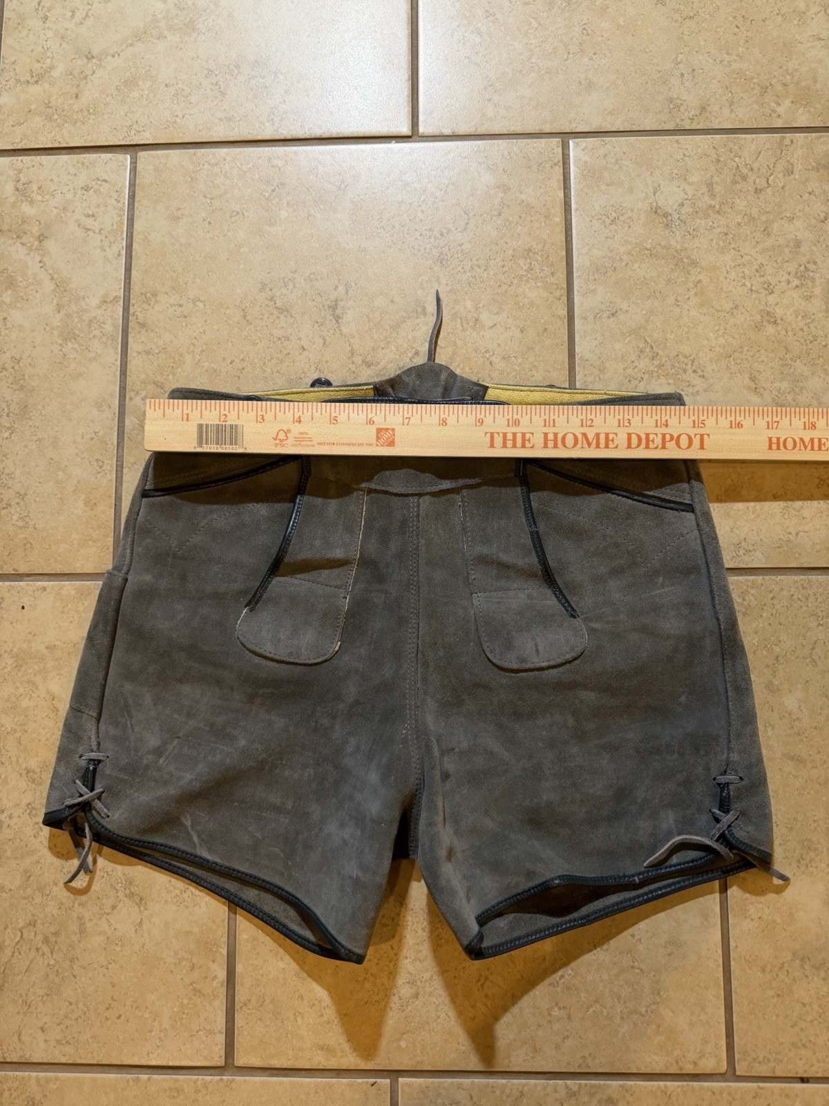 Men’s Traditional German Gray Leather Lederhosen Shorts Front Flap Side Lacing