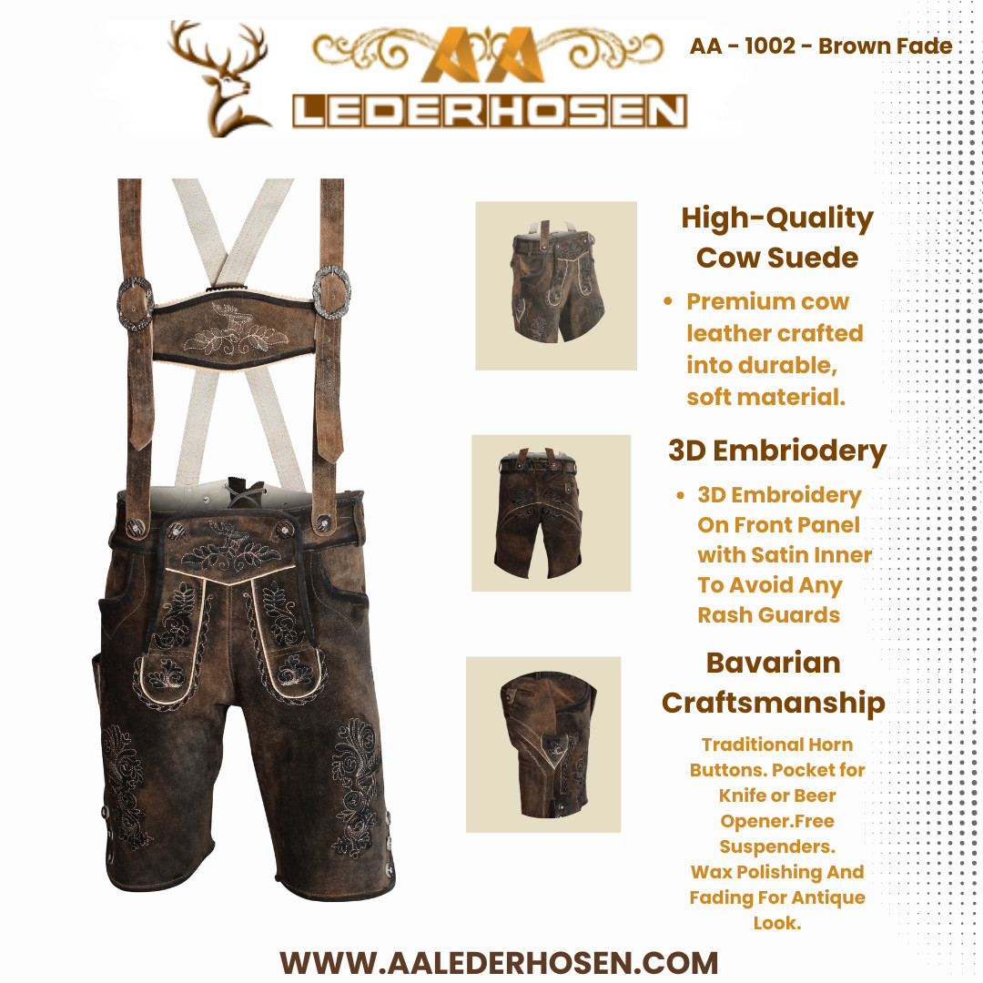 Lederhosen Men Suede Oktoberfest Short Premium Leather Antique Design Brown Fade