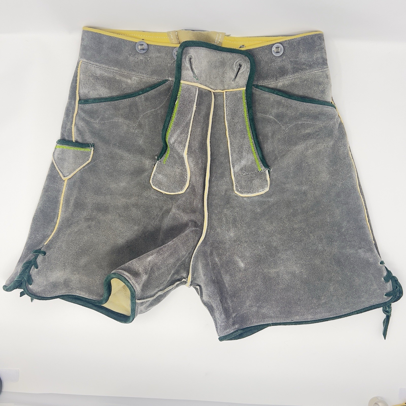 Authentic Vintage Lederhosen Oktoberfest Men Suede Leather Green Shorts Size 66