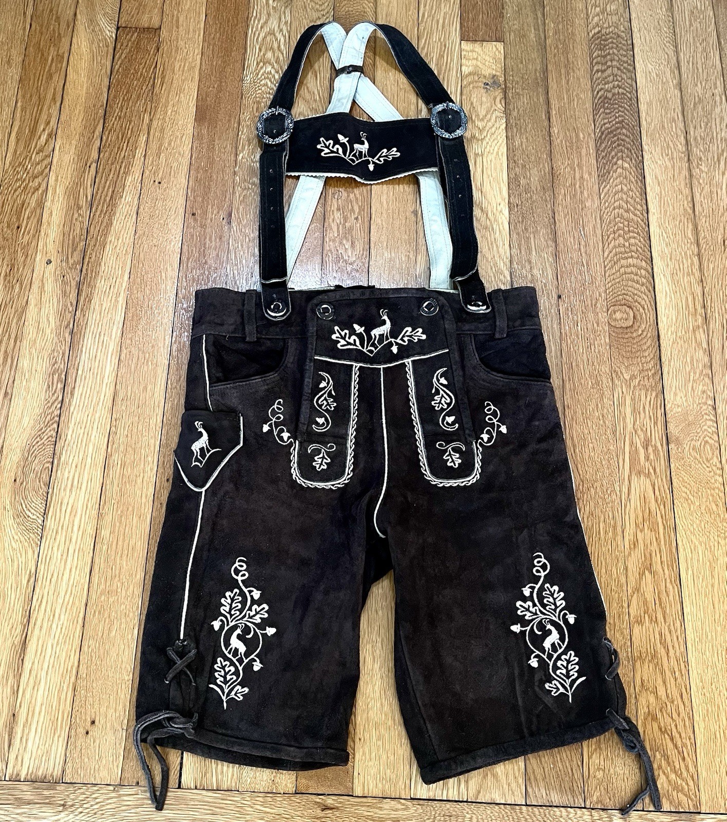 Vtg Lederhosen Suede Shorts Mens Euro 46 Brown Embroidered Oktoberfest German
