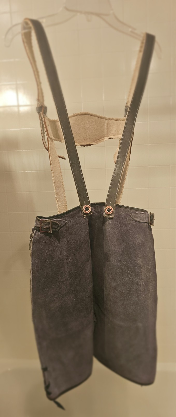 Vintage Leather Grey Gray Lederhosen with Suspenders. Octoberfest.