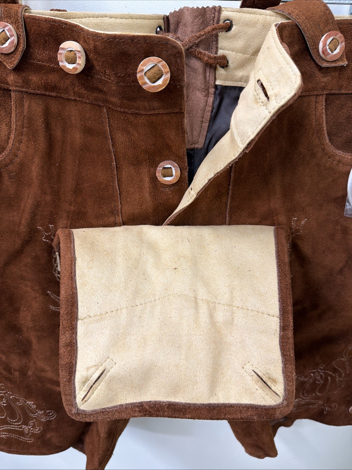NEW Schonberger Trachten Mens Sz 44” Lederhosen Brown Suede Lamb Leather German
