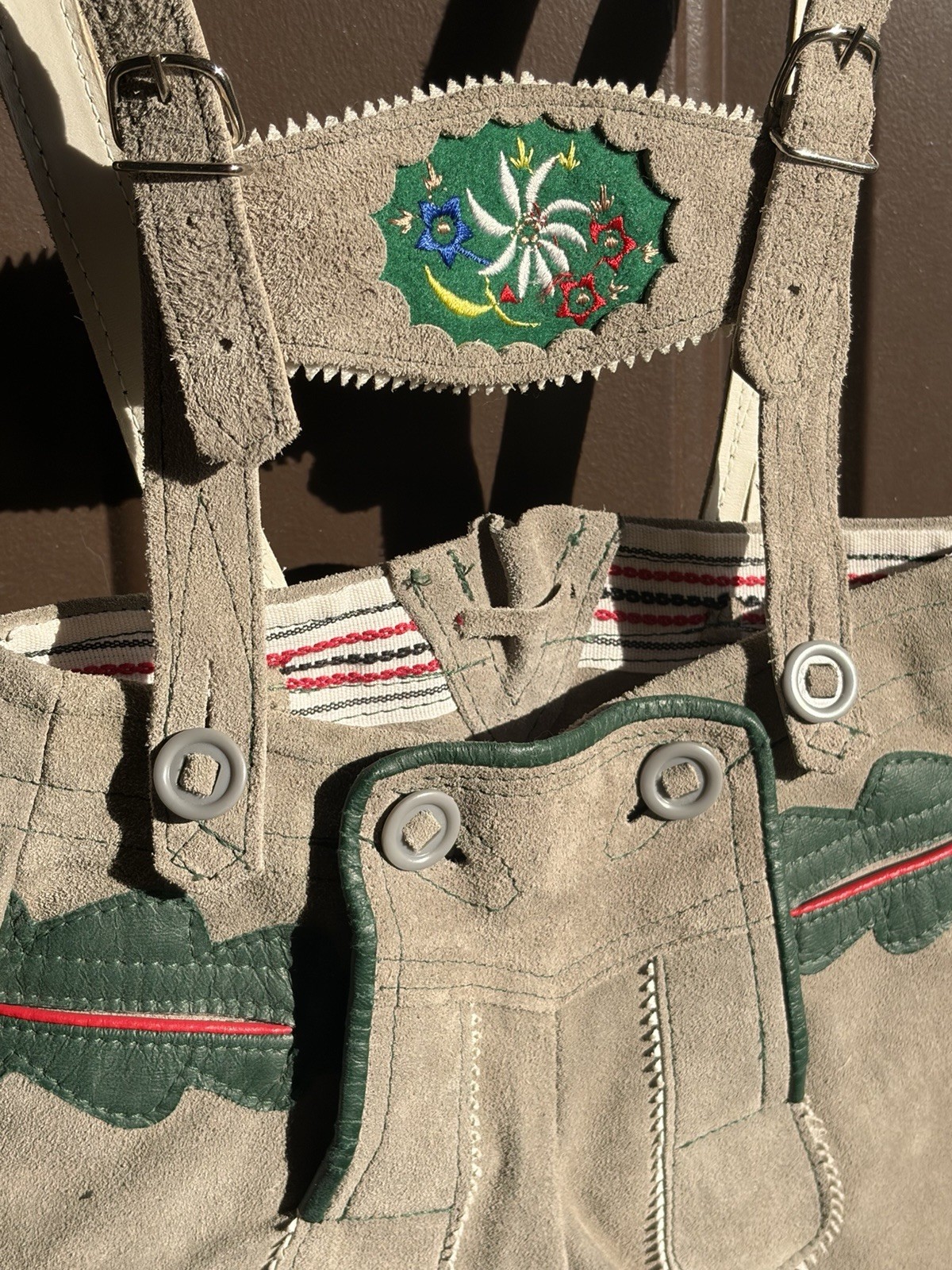Vintage Germany Boy Child Suede Leather Lederhosen Gray Green Oktoberfest
