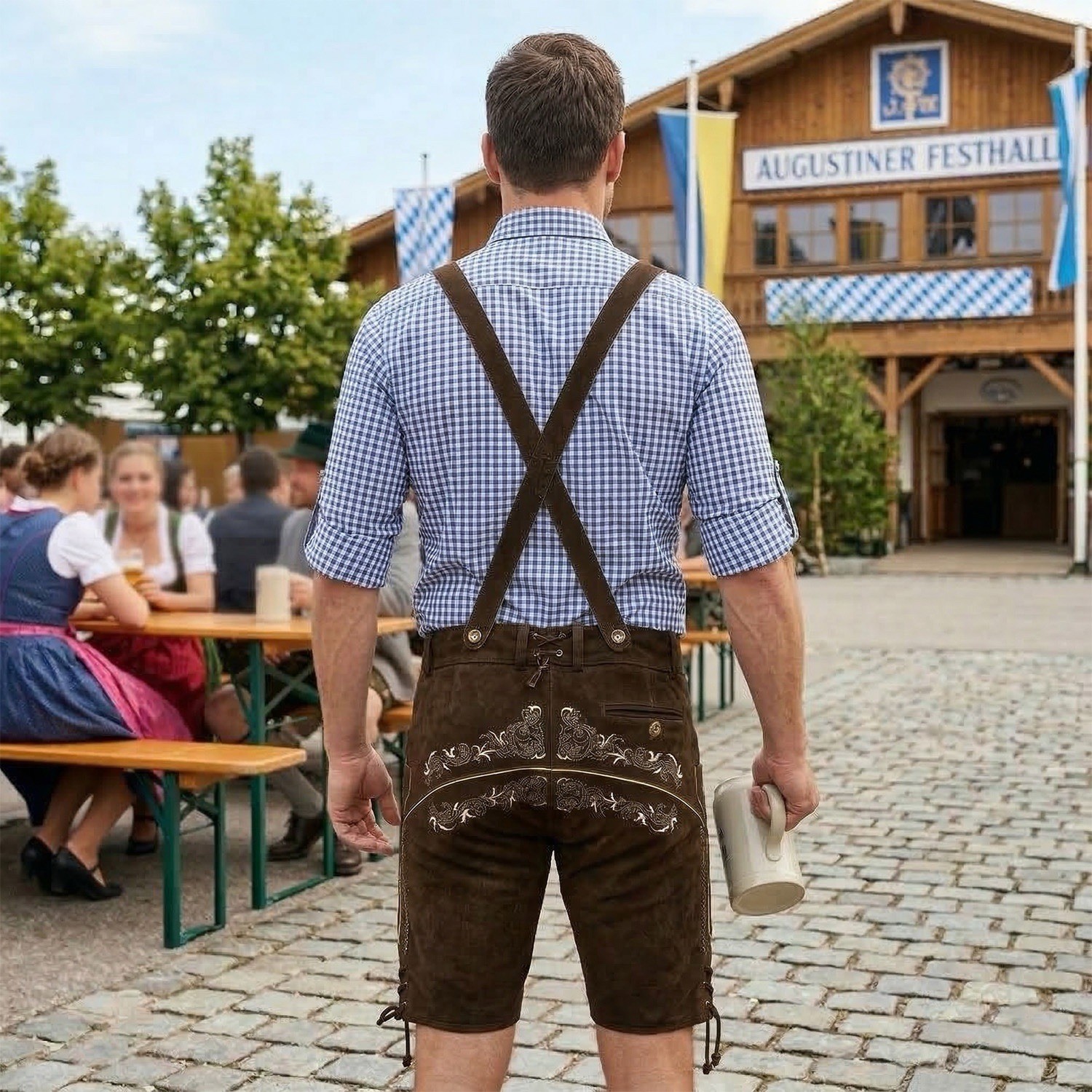Men Traditional Leather Oktoberfest Lederhosen (Brown, Black, Gold, Med Brown)