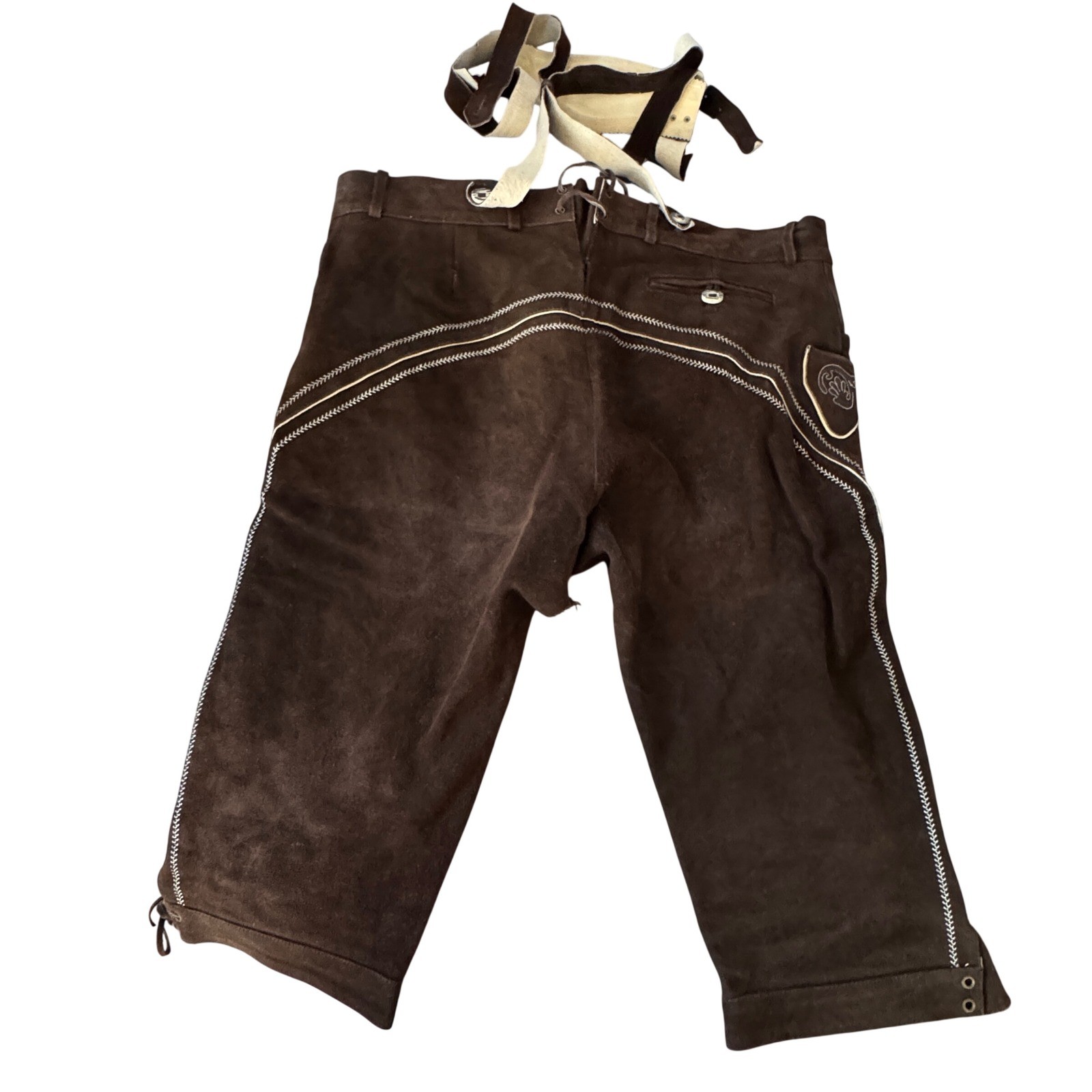 Brown Suede Lederhosen Bavarian German Oktoberfest Suspenders Embroidery 42″