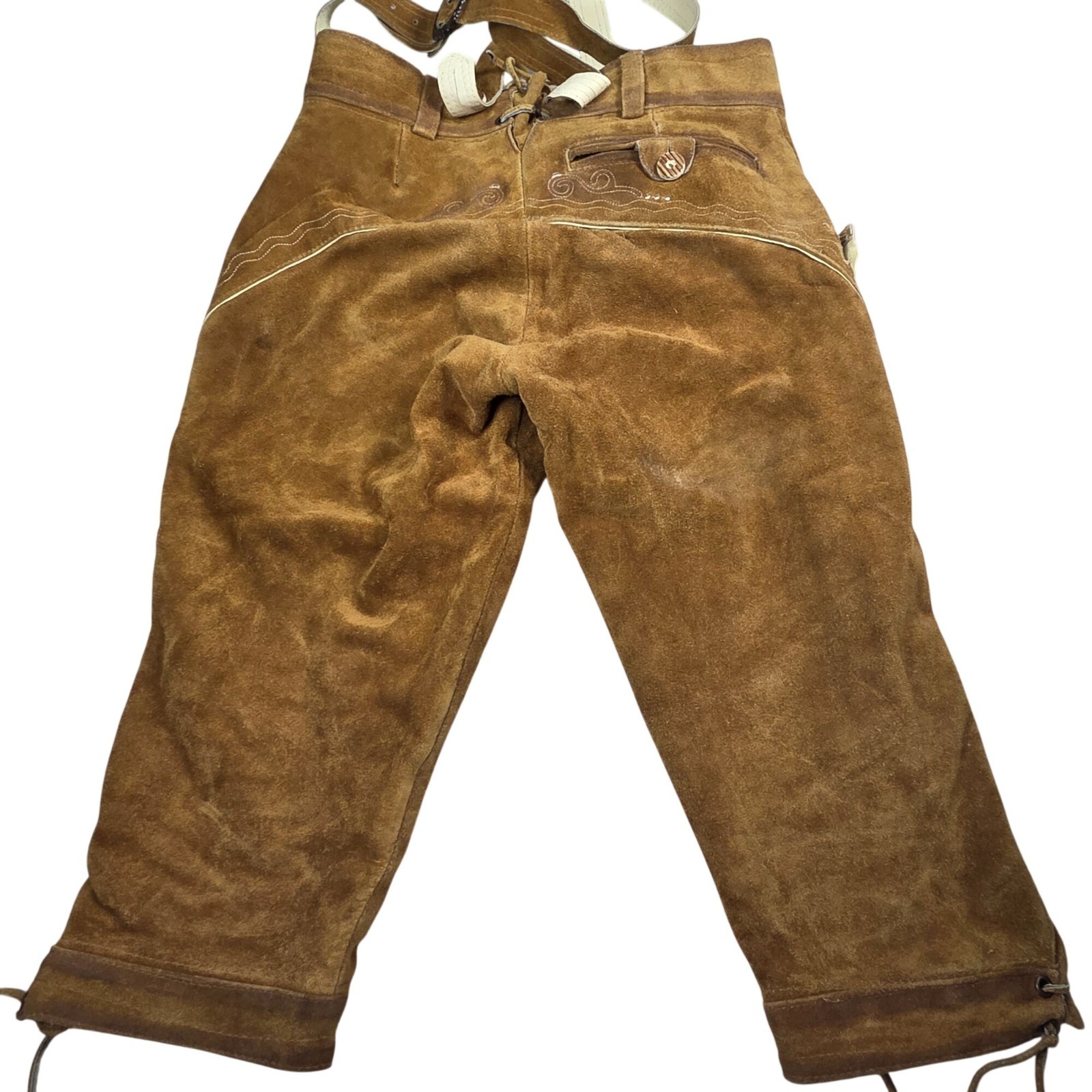 Vintage German Lederhosen With Embroidered Detailing & Suspenders