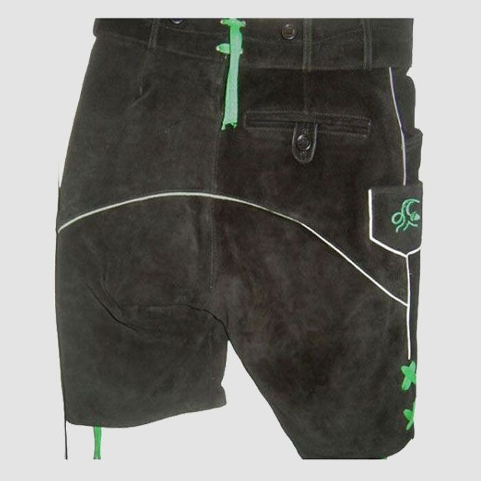 Suspenders – Black Cow Leather Lederhosen for Men with Green Embroidery Shorts