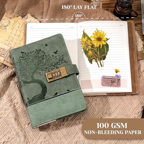 Vintage Diary with Lock for Women Girls 256 Pages Leather Journal with Green