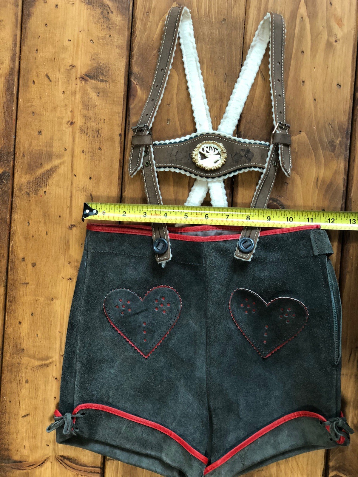 Vintage Austrian Child’s Leather Lederhosen Brown Deer Bust with heart pockets