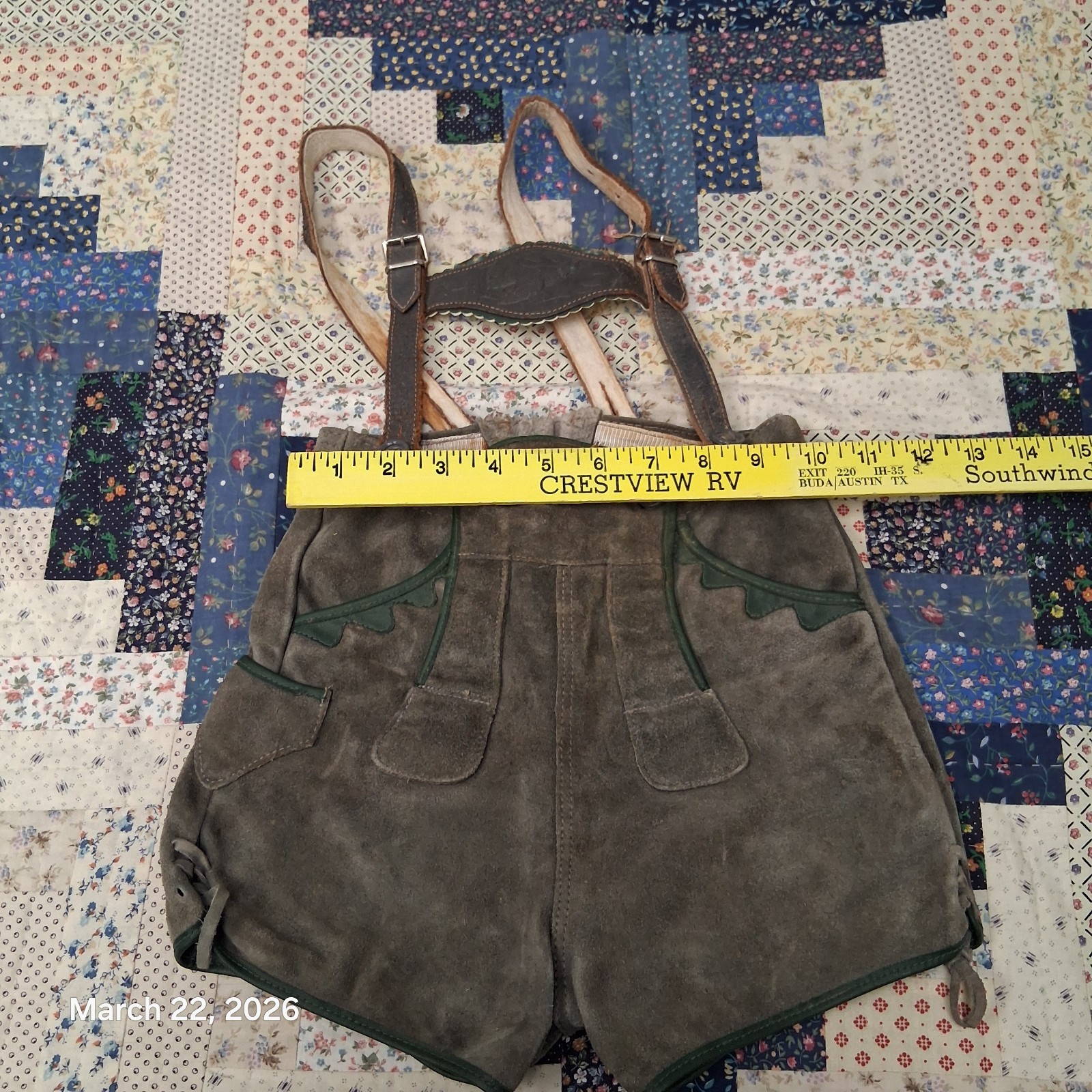 Vintage Childrens German Lederhosen Gray Suede Leather Grouse Breastplate