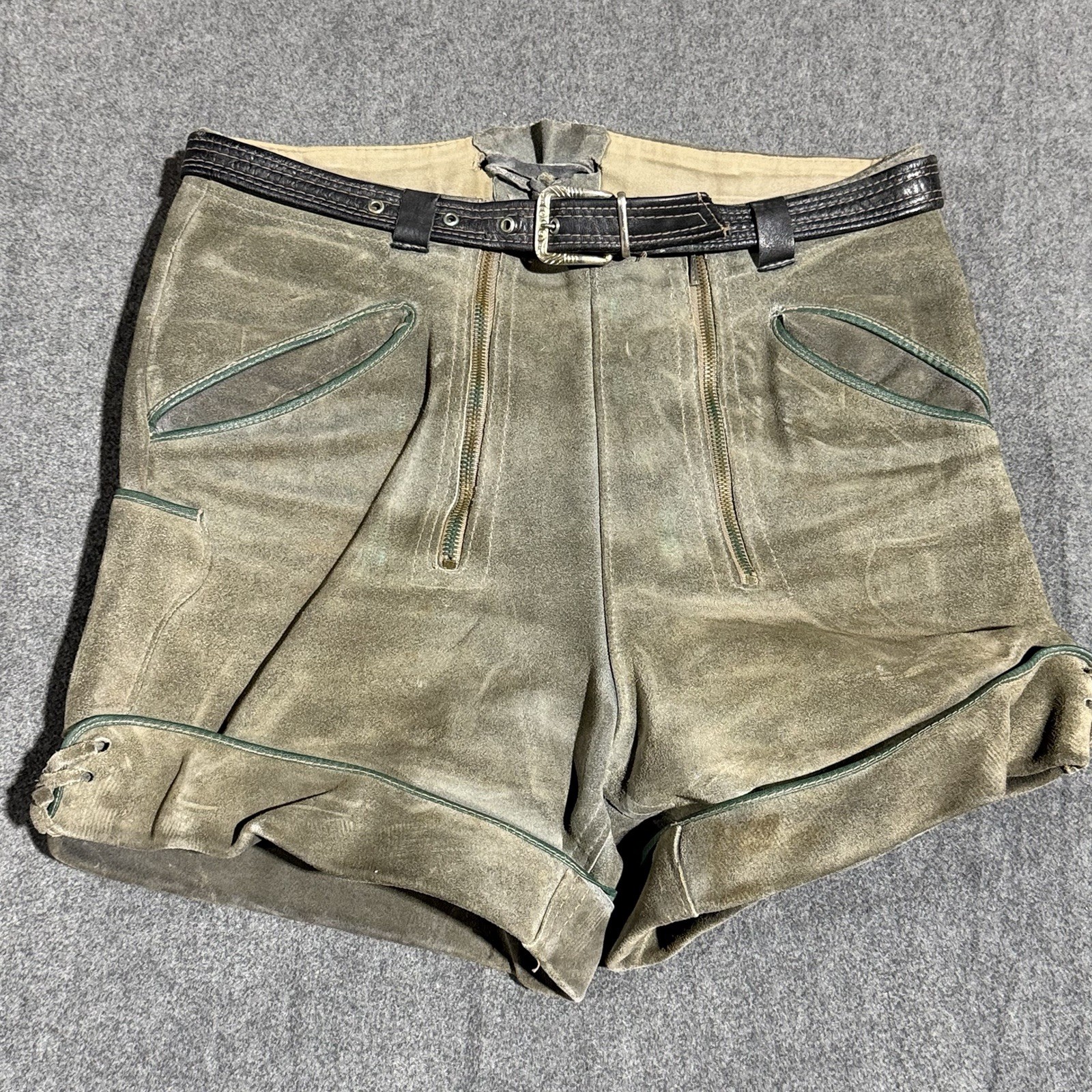 Vintage German Lederhosen Suede Leather Shorts 30 Waist Alpine Drop Front Green