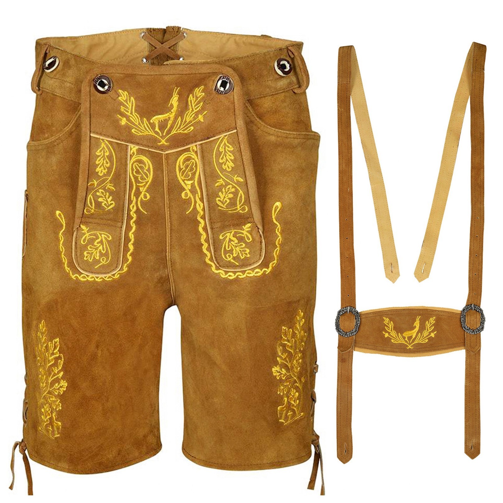 Men’s Suede Lederhosen Nowitzki Golden Brown Oktoberfest Costume German Outfit