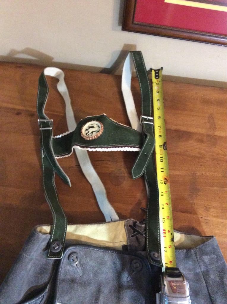 Vintage Leather Lederhosen with Suspenders. Octoberfest Deer Emblem