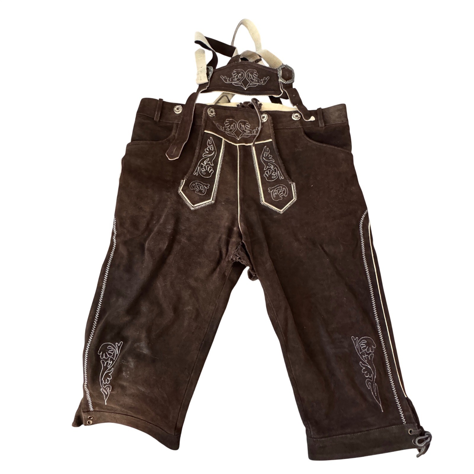 Brown Suede Lederhosen Bavarian German Oktoberfest Suspenders Embroidery 42″