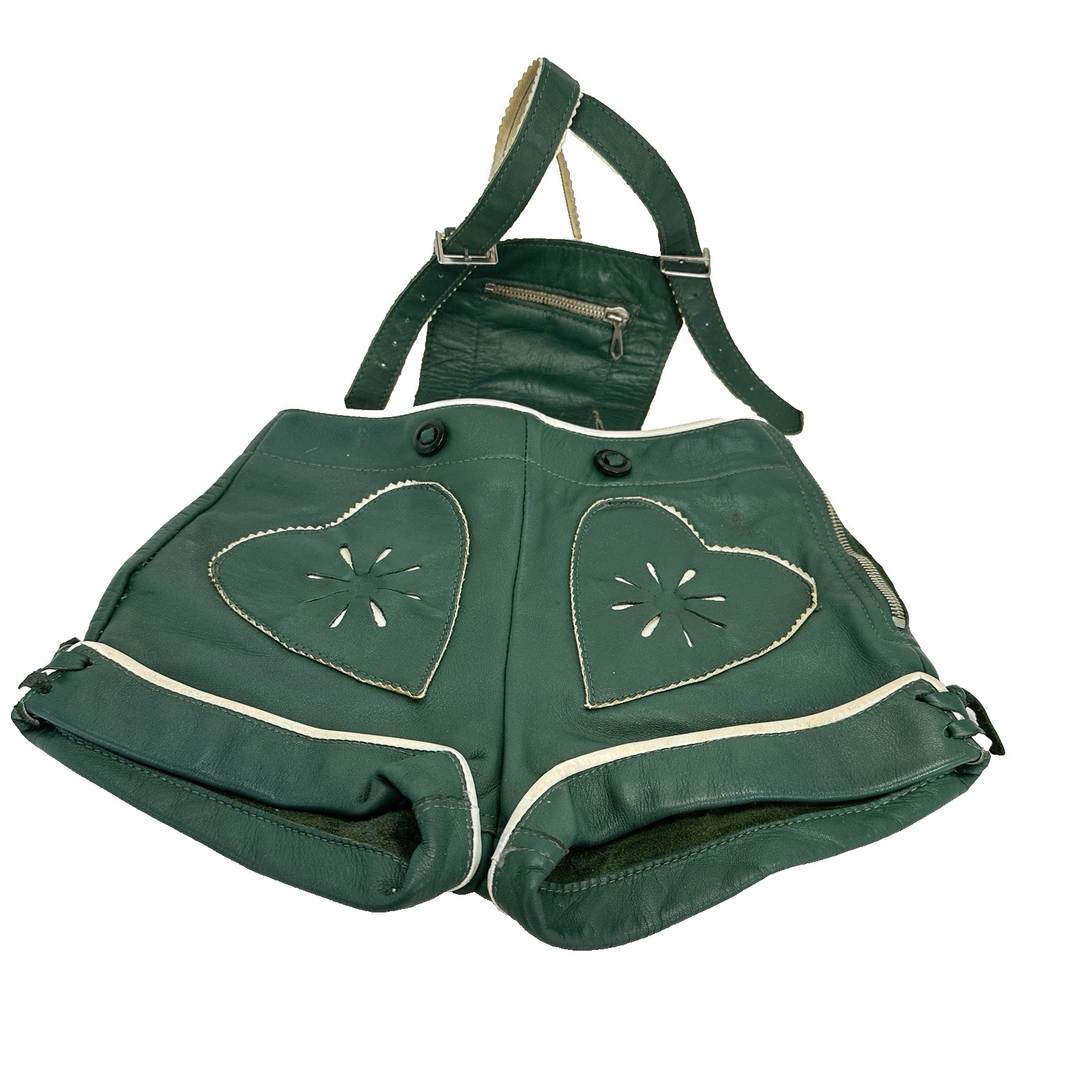 Vintage Green Leather Heart Lederhosen Child Size (see photos for measurements)