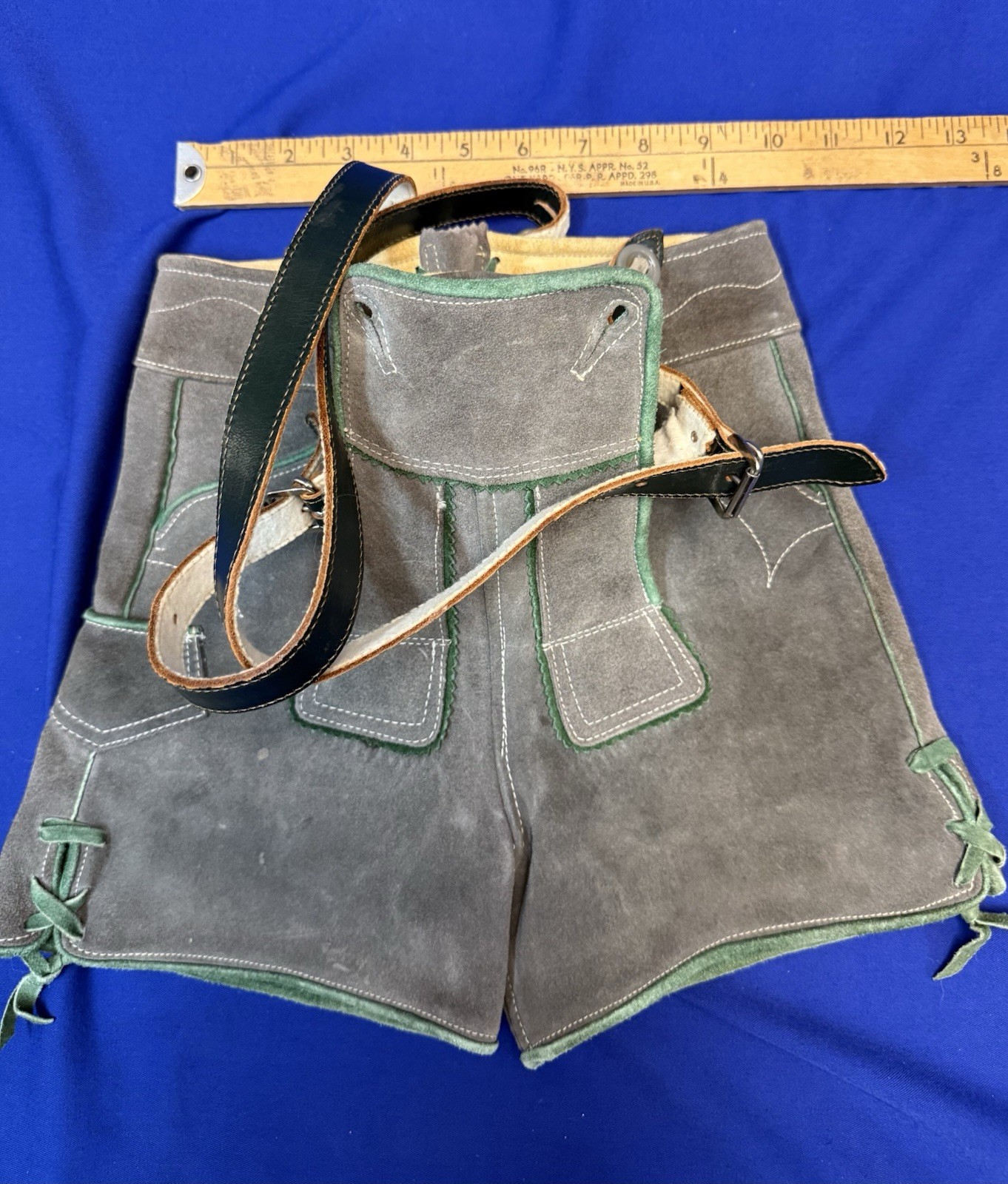 Vintage German Suede Lederhosen Shorts w/ Suspenders Green Trim Bavarian Alps