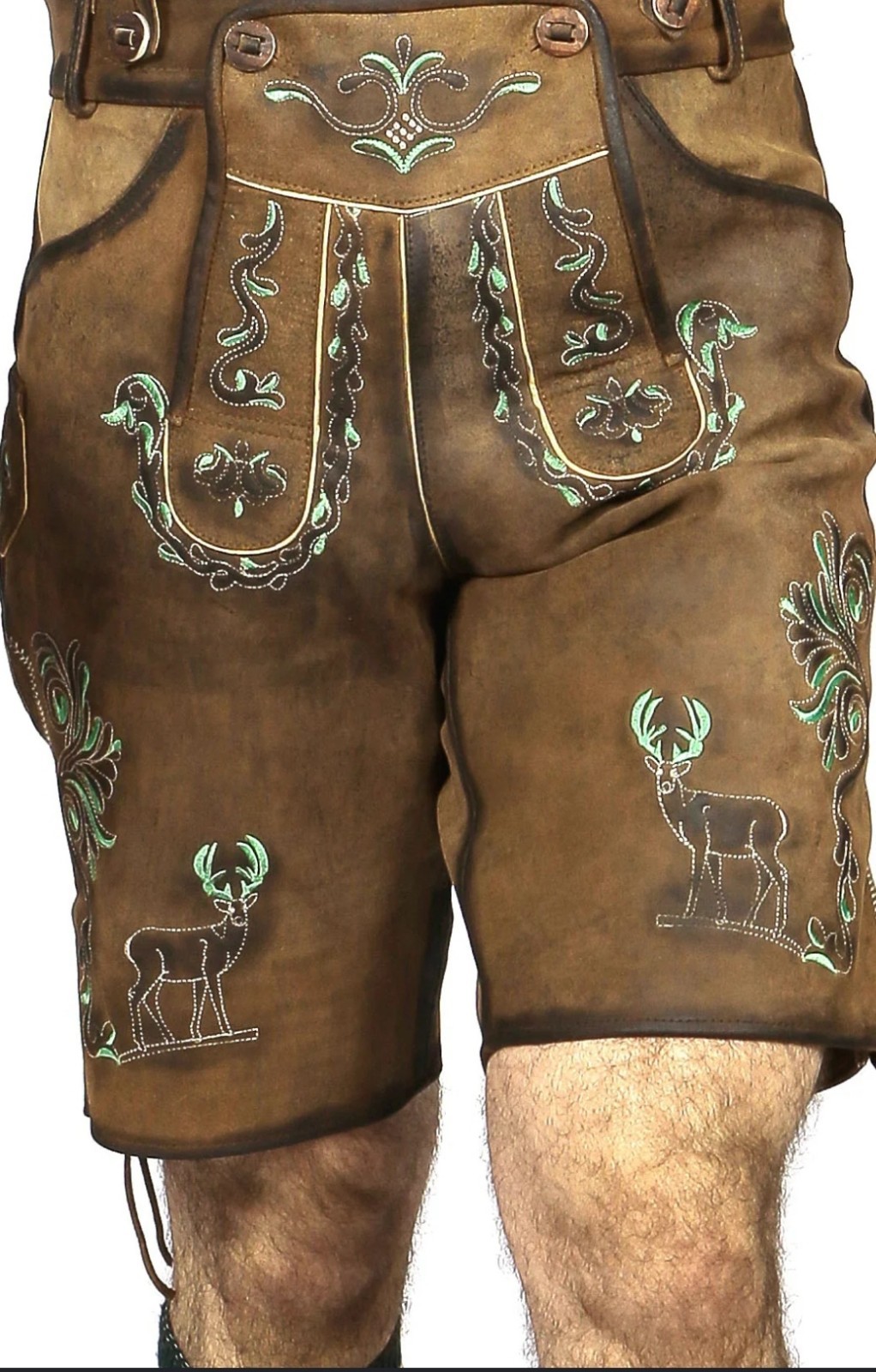 Lederhosen Mens 100% Leather Brown Green Deer Motifs Shorts Only No Suspenders
