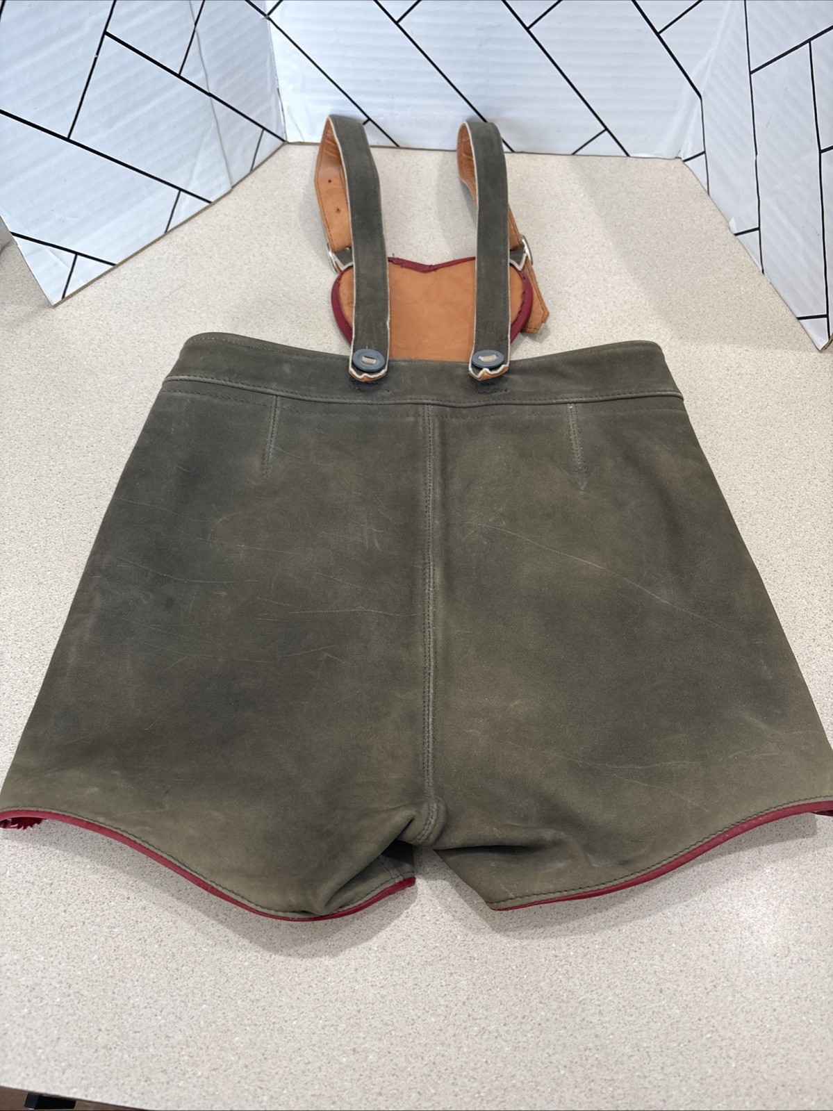Vintage Lederhosen Childrens Kids Green Suede Heart Leather Shorts Suspender 22”