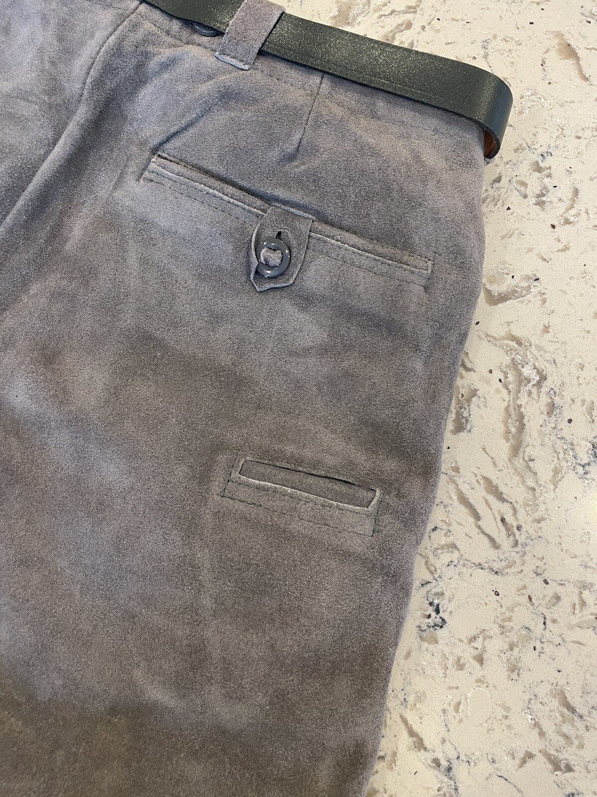 Lederhosen Traditional Suede Gray W/Green Leather Accents Shorts Vintage