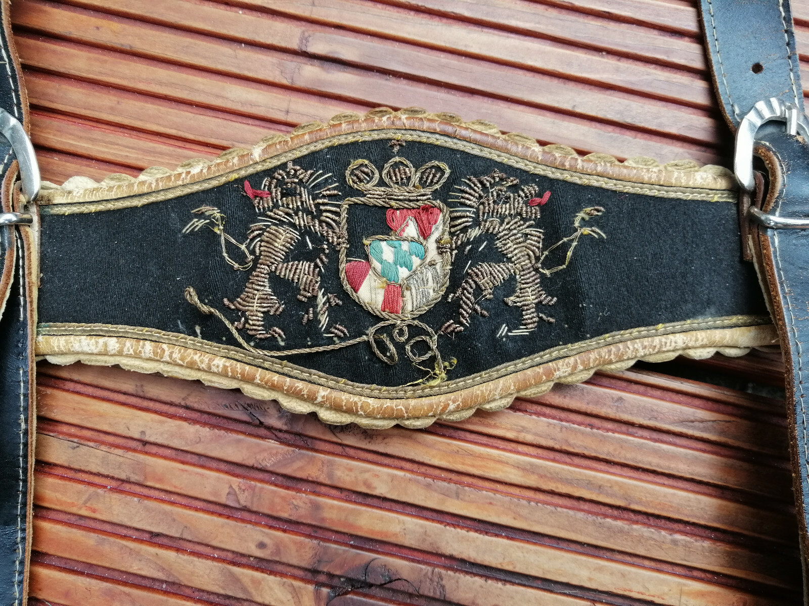 Ancient gold embroidered Bavarian leather suspenders antique Bavarian coat of arms