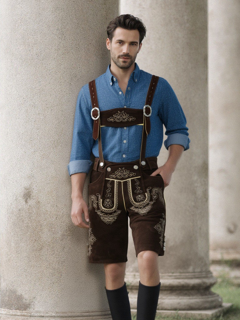 Authentic Bavarian Lederhosen Mens Suede Leather Shorts Oktoberfest Wear