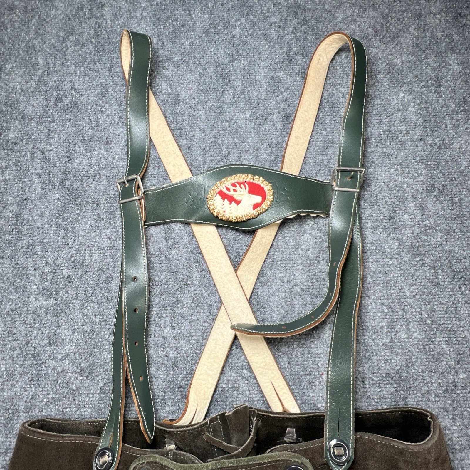 Vintage German Lederhosen Suede Leather Bavarian Shorts Bibs Oktoberfest Sz 30”