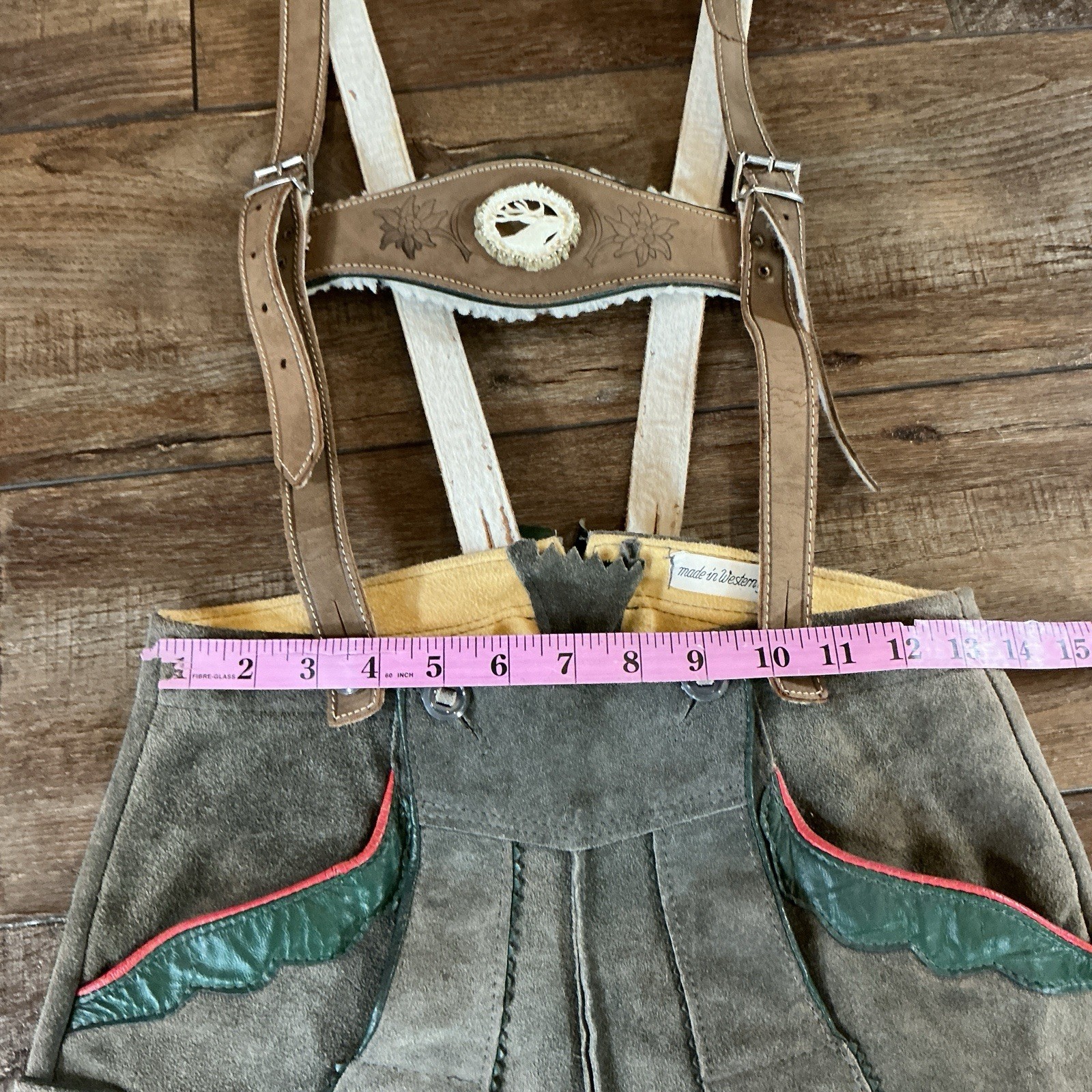 VTG Western Germany Suede Lederhosen W27 Suspenders Edelweiss Oktoberfest #12E6