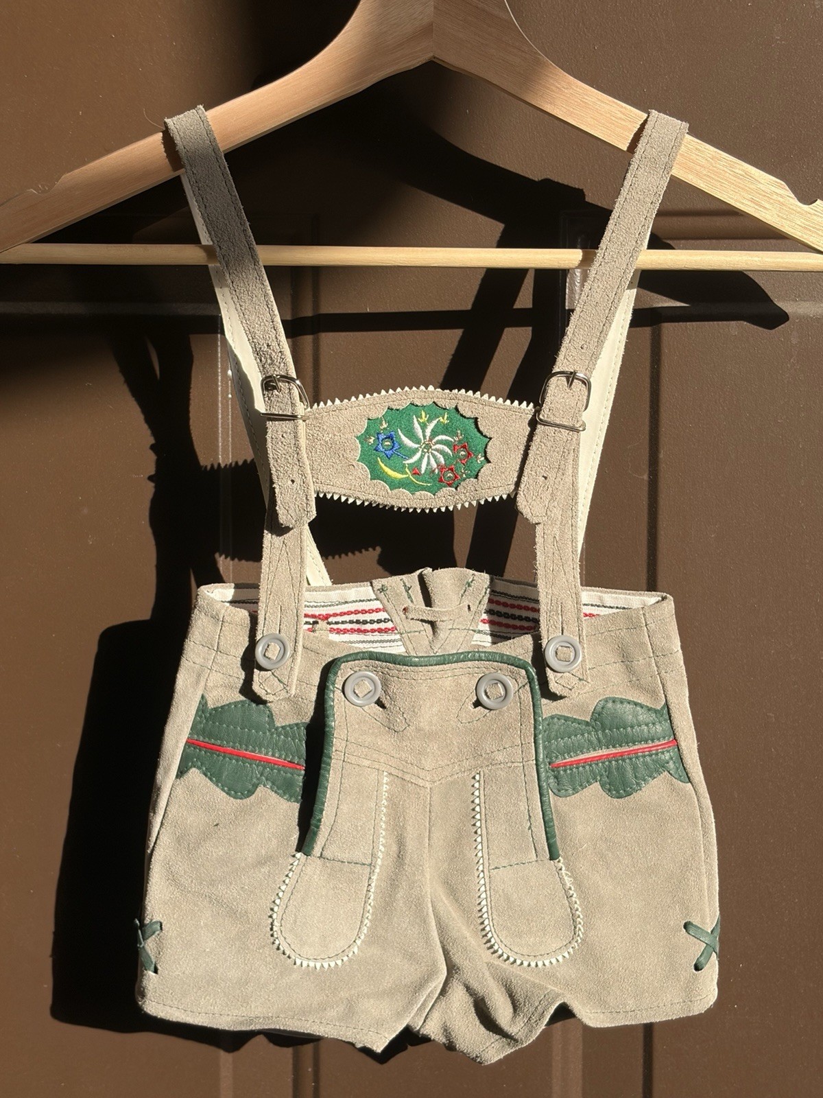 Vintage Germany Boy Child Suede Leather Lederhosen Gray Green Oktoberfest