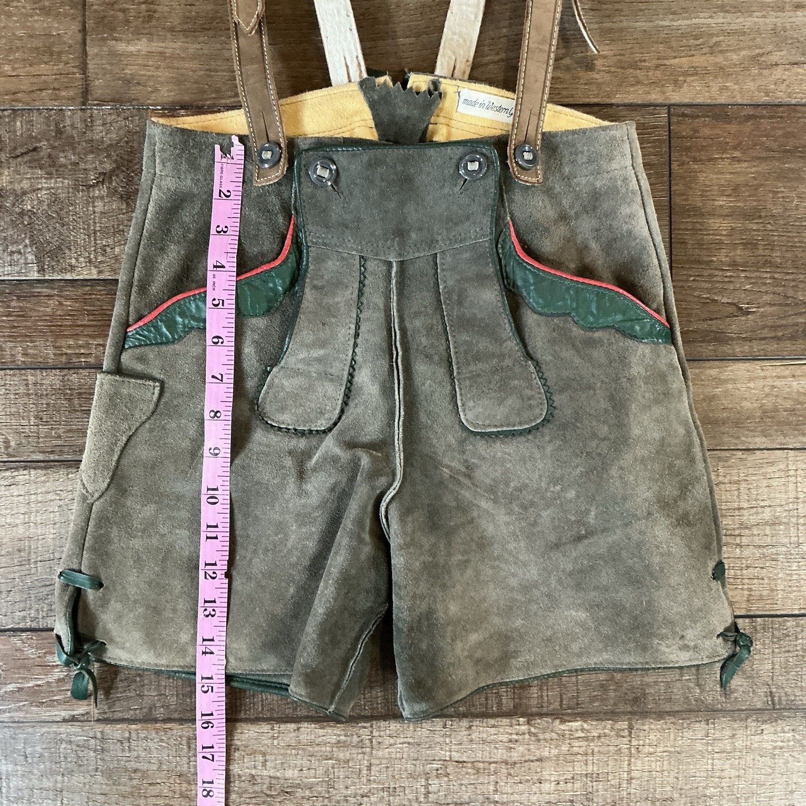 VTG Western Germany Suede Lederhosen W27 Suspenders Edelweiss Oktoberfest #12E6