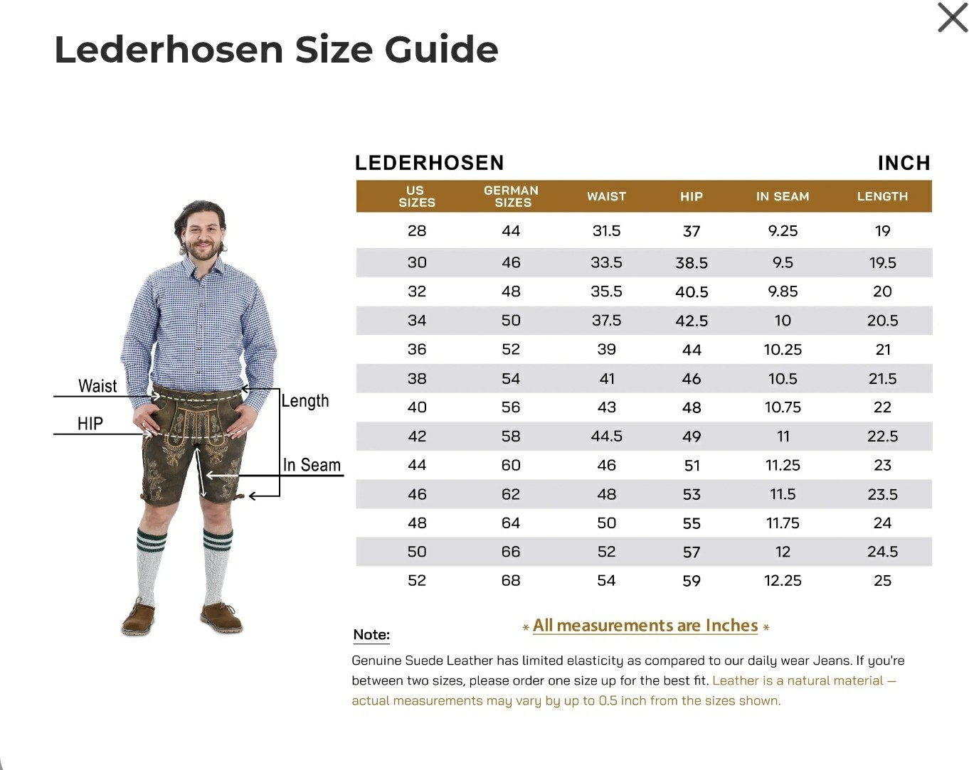 Lederhosen Mens 100% Leather Brown Green Deer Motifs Shorts Only No Suspenders