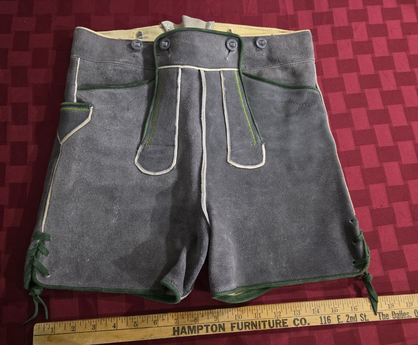 Authentic Vintage Lederhosen Oktoberfest Men Suede Leather Green Shorts