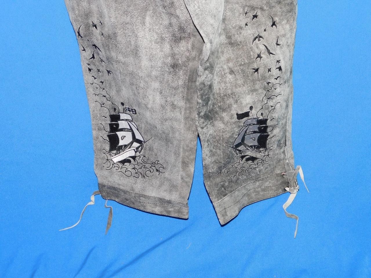 German Lederhosen US Size 36 Gray Suede Pirate Ship Skull Pants Knickers Costume