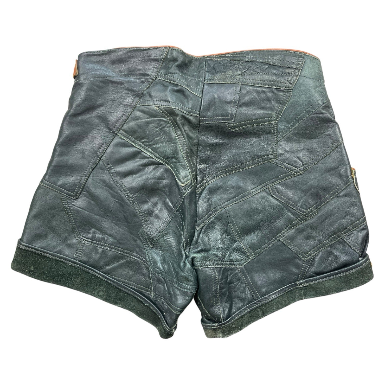 Short leather trousers – green + brown size S/M cotton 43cm vintage smooth zip 70s