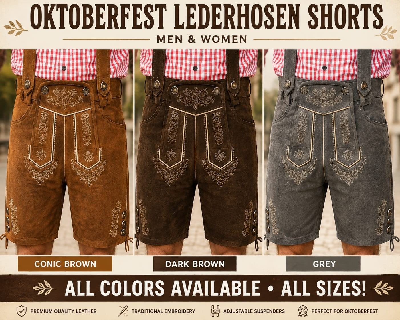 NEW Bavarian Oktoberfest Lederhosen Shorts Tracht Costume Men Women HOT All Size