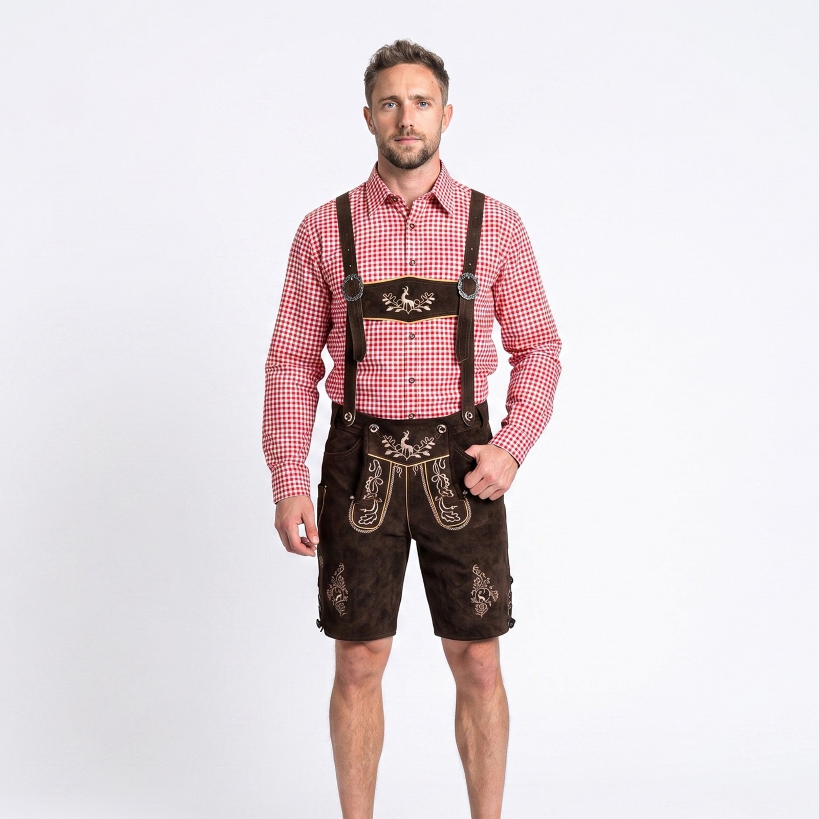 Authentic Men Lederhosen Otto with Deer and Oak Embroidery Oktoberfest Costume