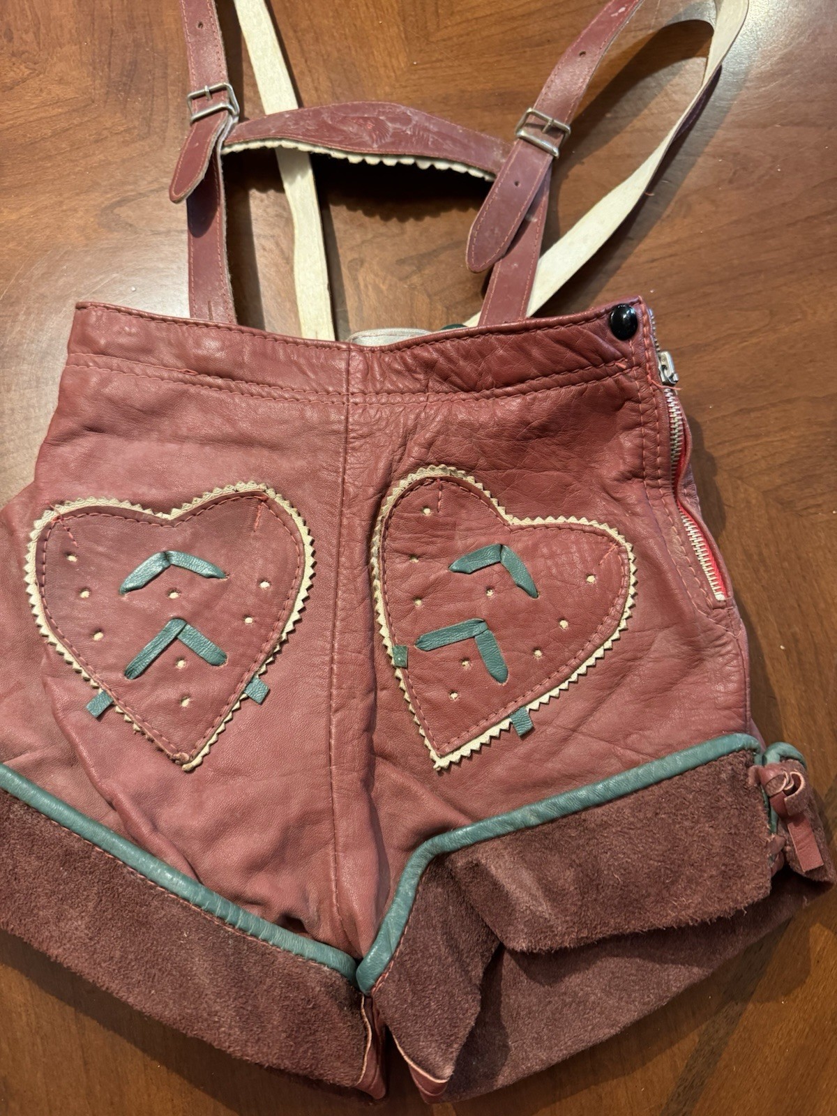 Vintage Lederhosen Red With Green ￼Accents German Shorts Echt Leder