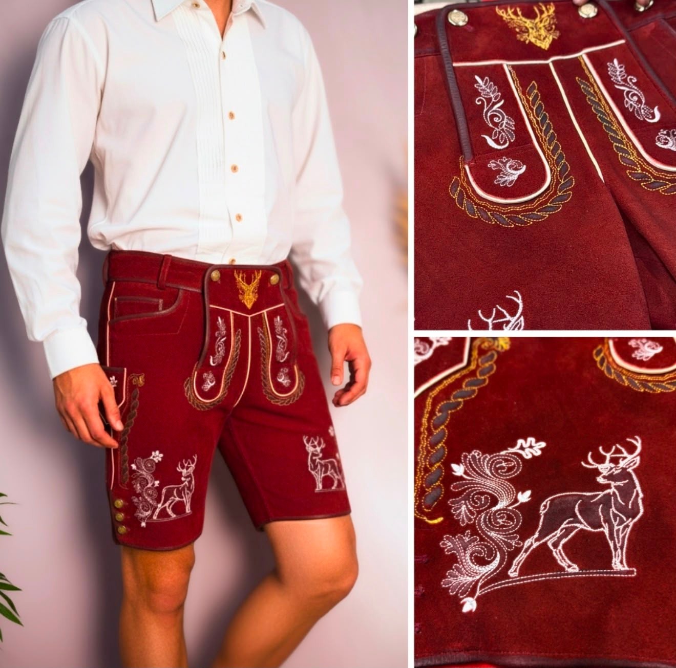 Men Lederhosen Suede Leather Short Burgundy Oktoberfest Trachten Stag Embroidery