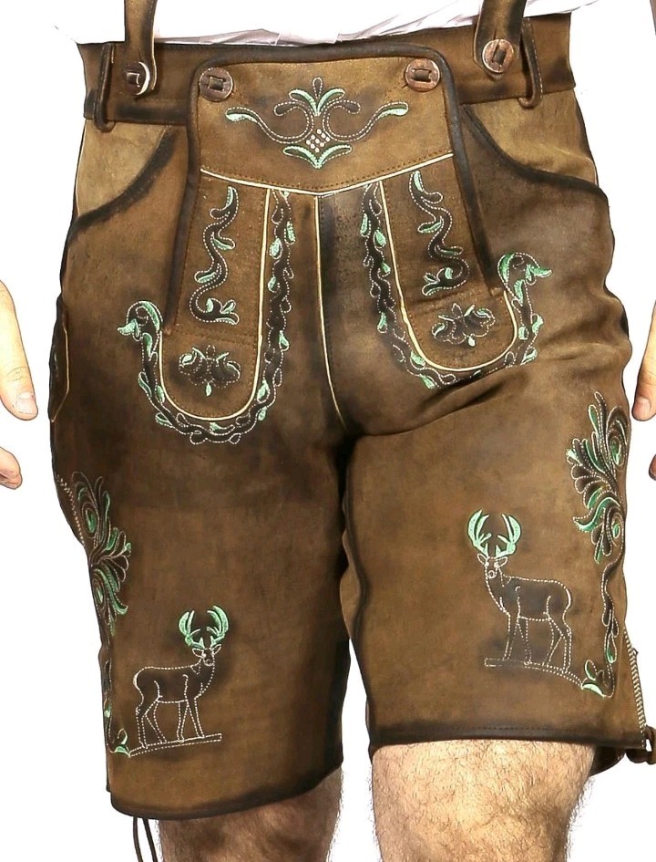 Oktoberfest Bavarian Mens Lederhosen Green Deer Motifs Shorts w/Suspenders Sz 52